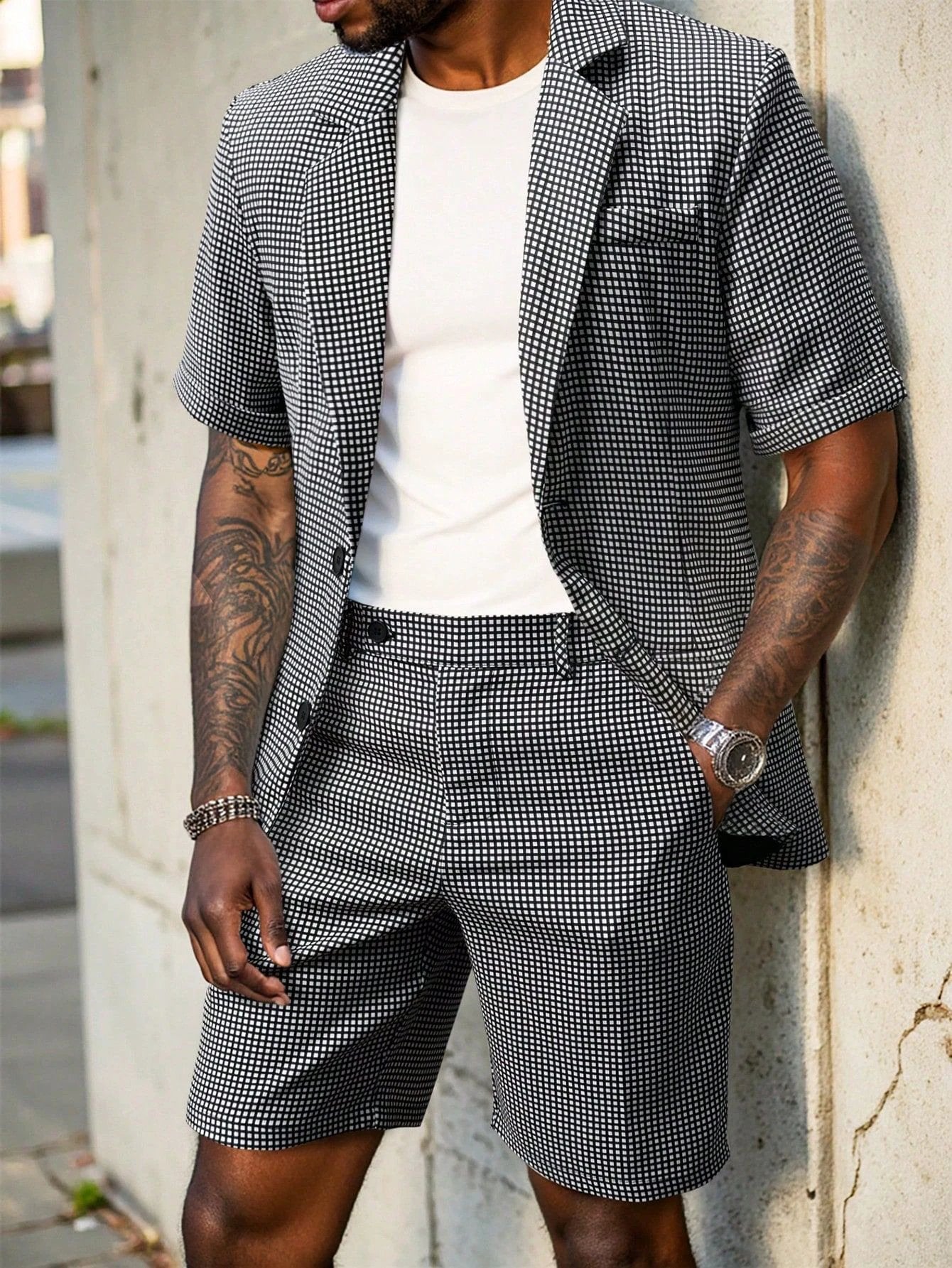 Men's Plaid Slim-Fit Business-Casual Suit Set by GJG Denim