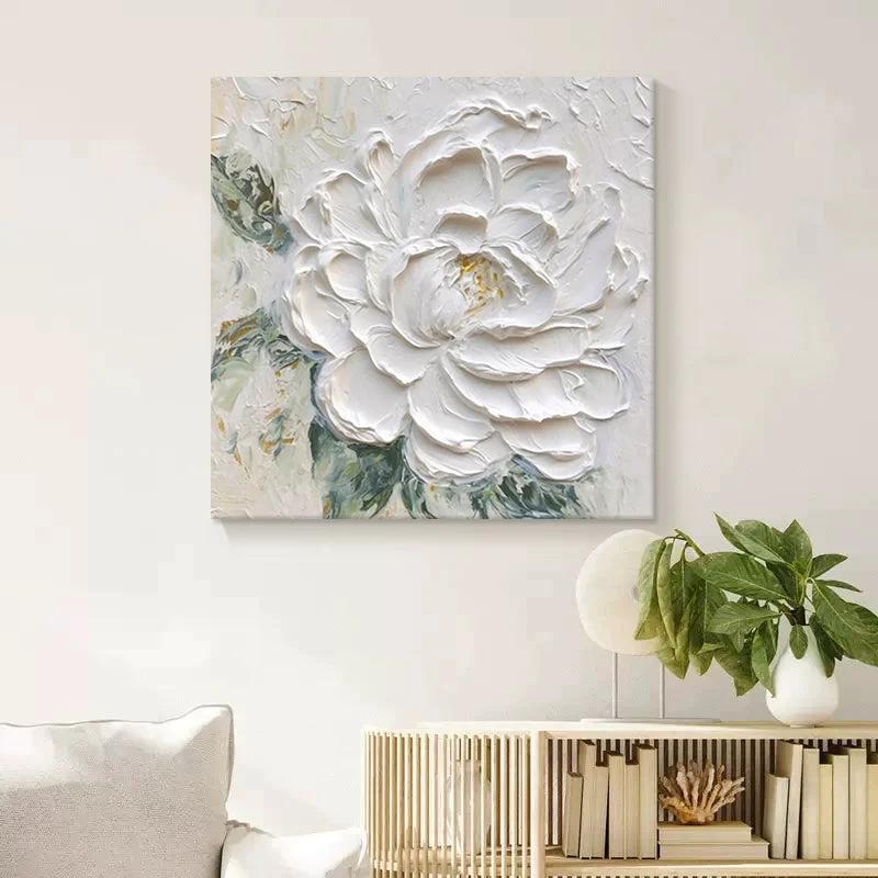 Cream Wind White Peony Flower Thick Texture Hand Drawn Oil Painting Hanging Painting by GJG Denim