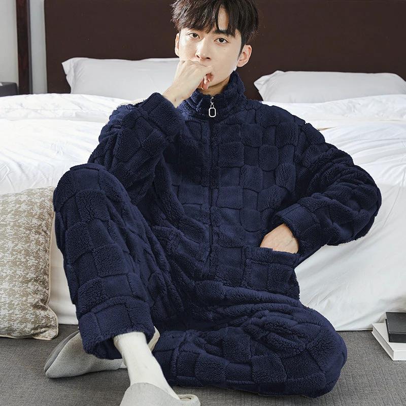 Pajamas Men's Jacquard Flannel Loose Fleece-lined Warm Loungewear by GJG Denim