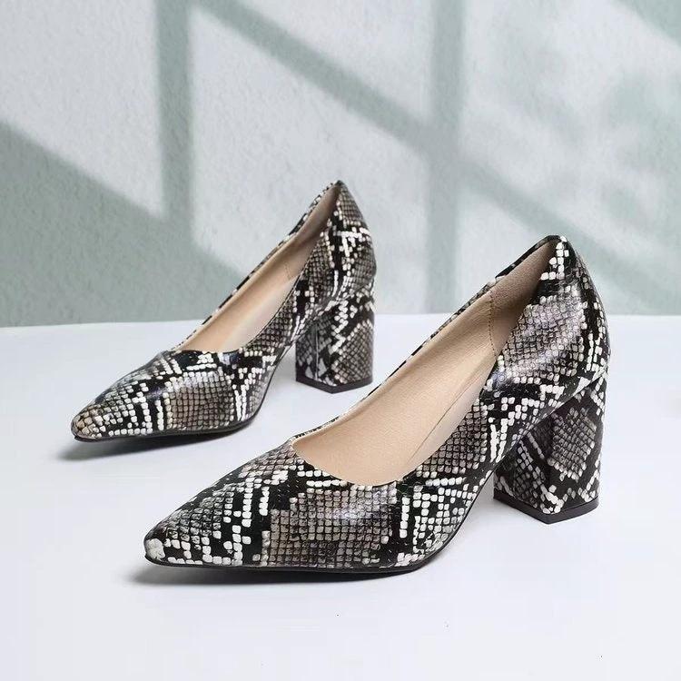 Women's Snake Print Pointed Toe Block Heel Pumps 2026 Spring Summer Elegant High Heels Versatile Office Party Shoes by GJG Denim
