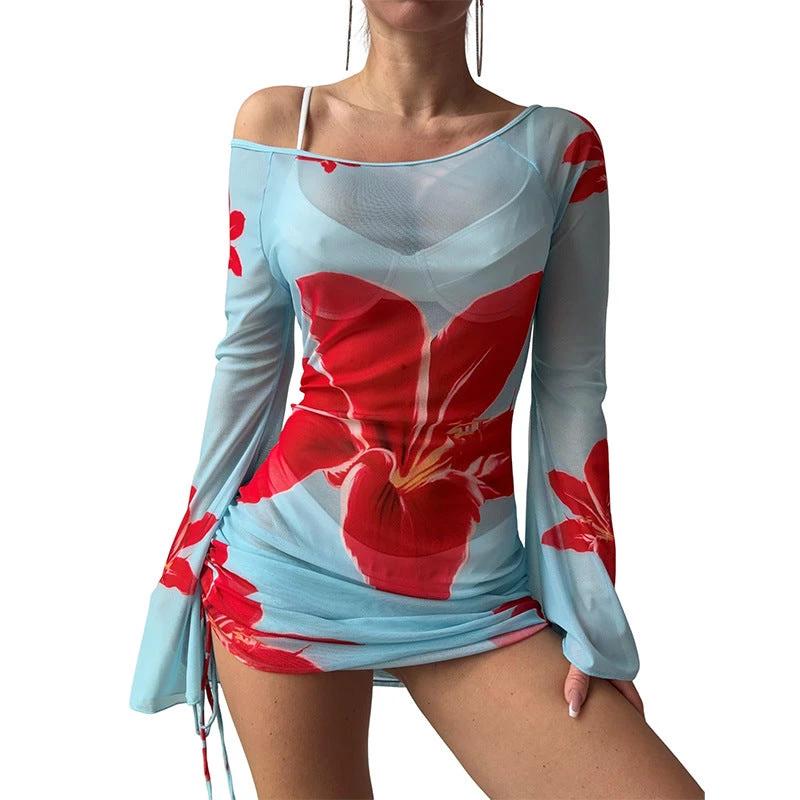 Mesh Long-sleeve Flared-sleeve Short cover up dress by GJG Denim