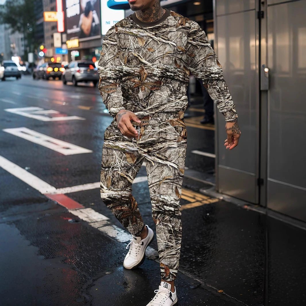 Round Neck Sweater Jungle Camouflage Sportswear Long Sleeve Two-piece Pants by GJG Denim