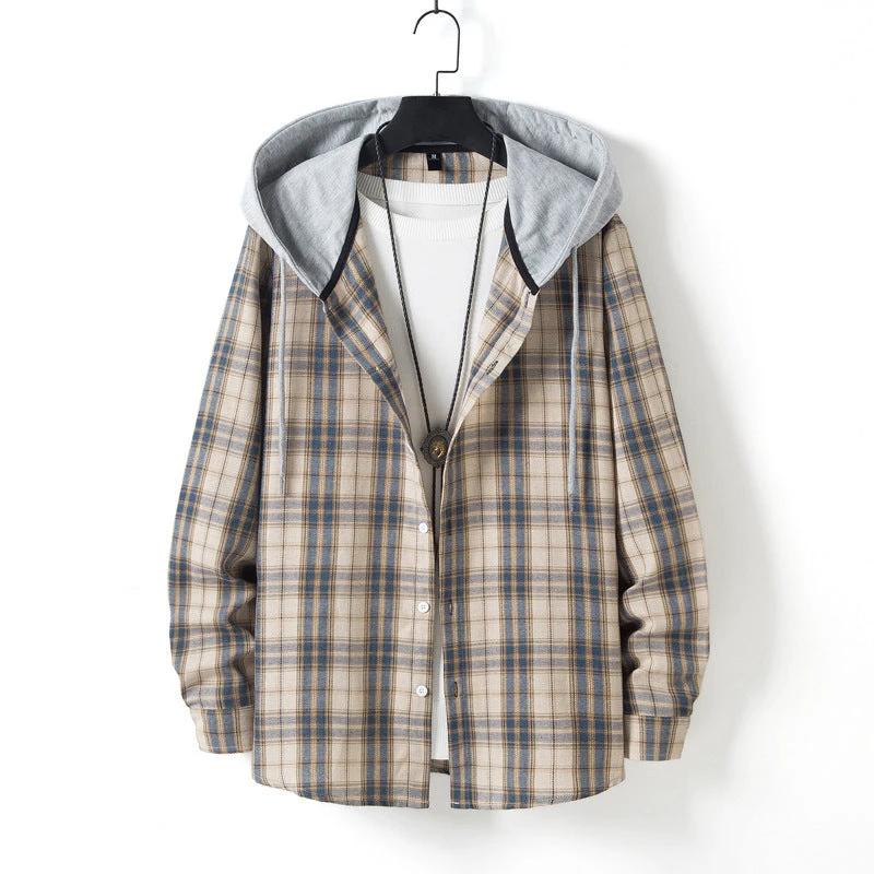 Men's Casual Plaid Long Sleeve Hooded Shirt by GJG Denim