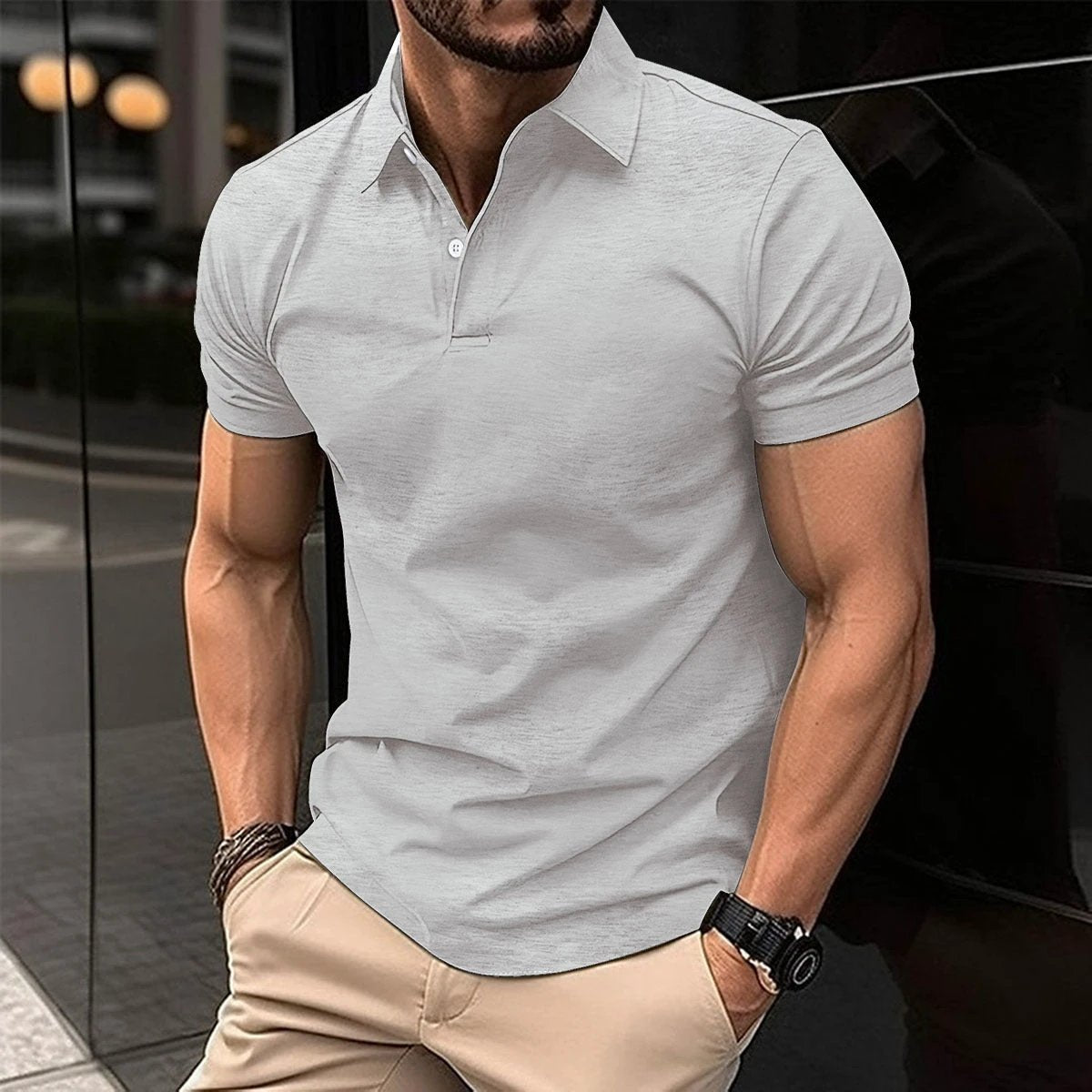 Short Sleeve Polo Shirt Men Solid Color Button Lapel Button Top by GJG Denim