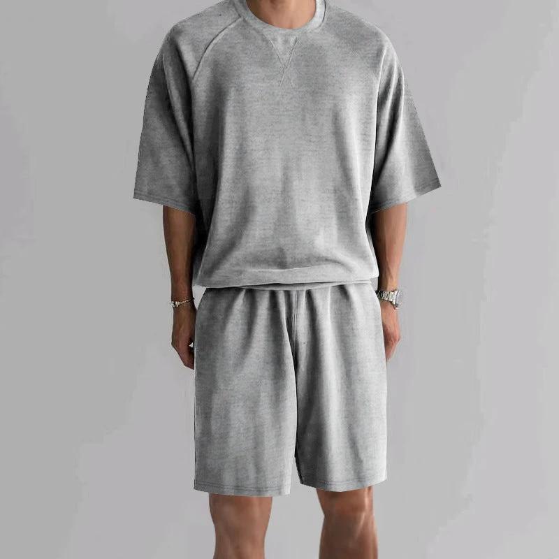 Men's Terry Casual Round Neck Sports Shorts Short Sleeve Two-piece Set by GJG Denim