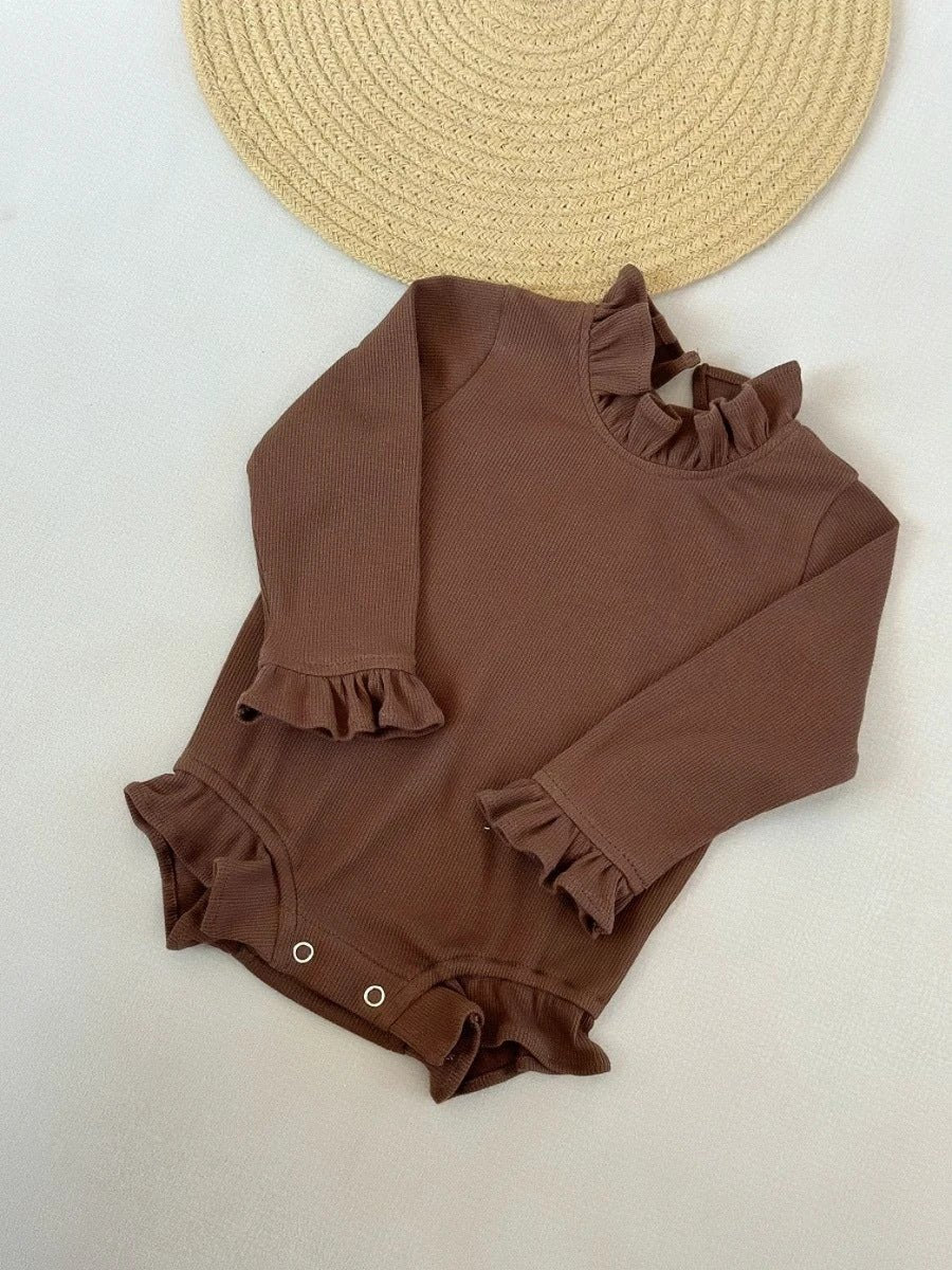 Rib Cotton Short Sleeve Wooden Ear Rompers Jumpsuit by GJG Denim