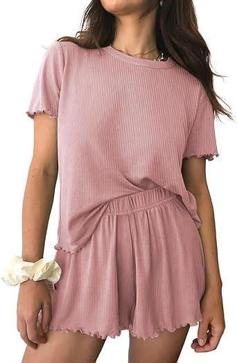 Relaxed Casual Cre Neck Short Sleeve Top And Shorts Set by GJG Denim
