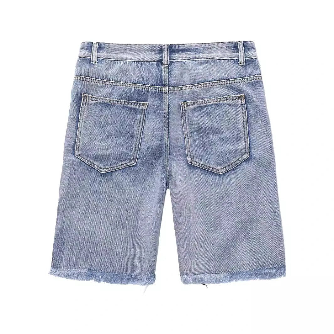 Men's Ripped Shorts Men's European Hip Hop Raw Edges by GJG Denim