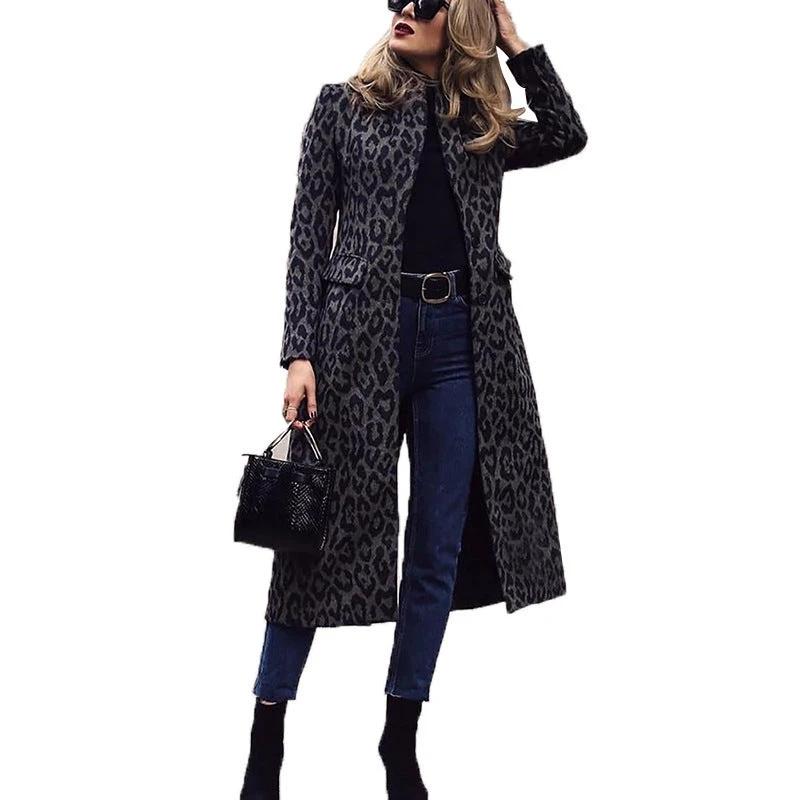 Coat Mid-length Black With A Turn-down Collar Leopard Print Top by GJG Denim