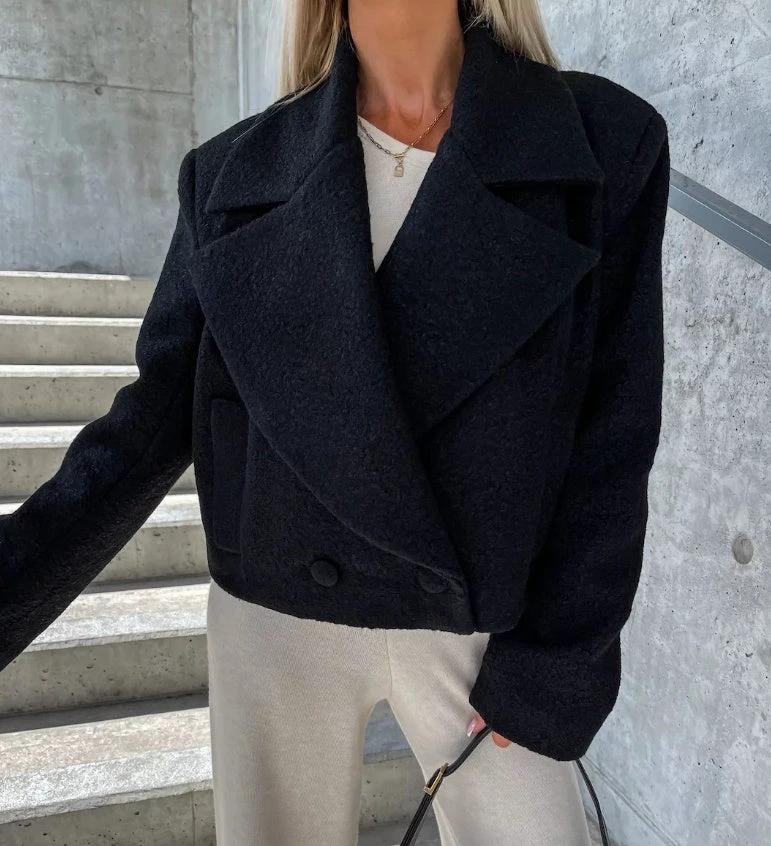 Trendy Woolen Cropped Oversized Coat With A Stand-up Collar In A Solid Color by GJG Denim