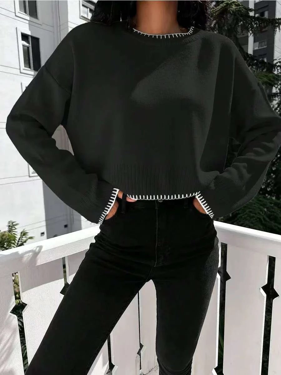 High-waisted Color-block Loose-fitting Cropped Pullover Knit Sweater by GJG Denim