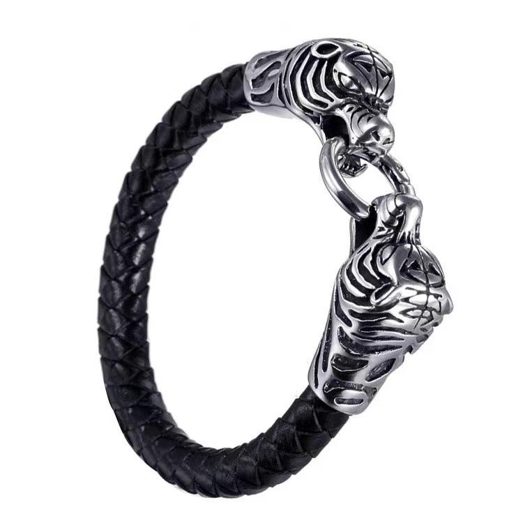 Men's Bold Retro Bracelet With Two Tiger Heads by GJG Denim