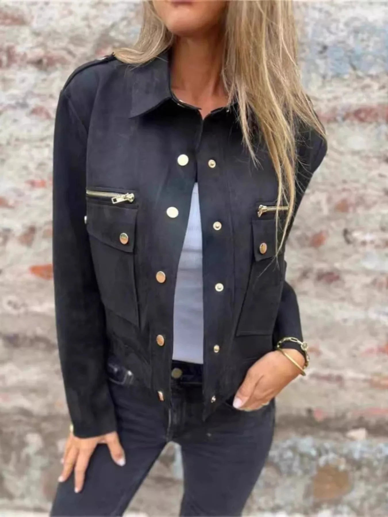 Full Size Snap Down Long Sleeve Jacket Plus Size by Lady Ros