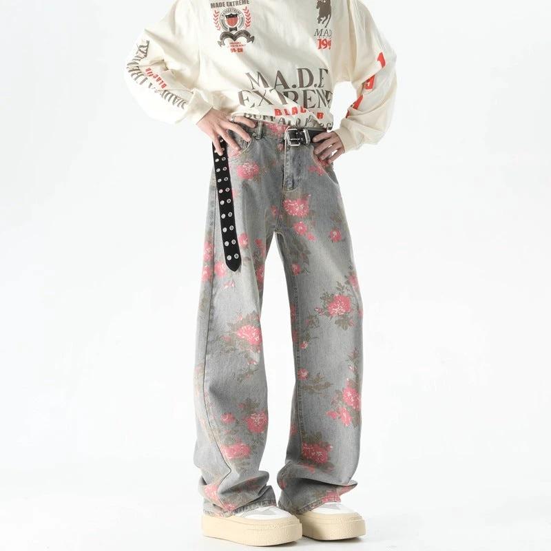 Men's Peony Jacquard Washed Loose Jeans by GJG Denim