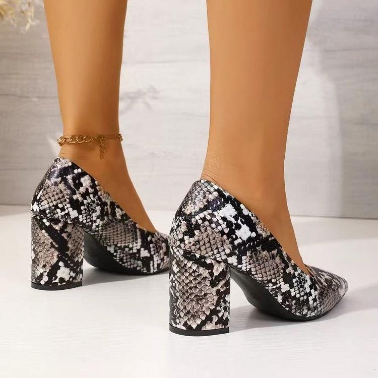 Women's Snake Print Pointed Toe Block Heel Pumps 2026 Spring Summer Elegant High Heels Versatile Office Party Shoes by GJG Denim