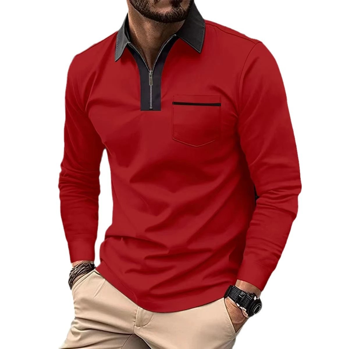 Men's Long Sleeve Zipper Polo Shirts Lapel Collar Zip Up by GJG Denim