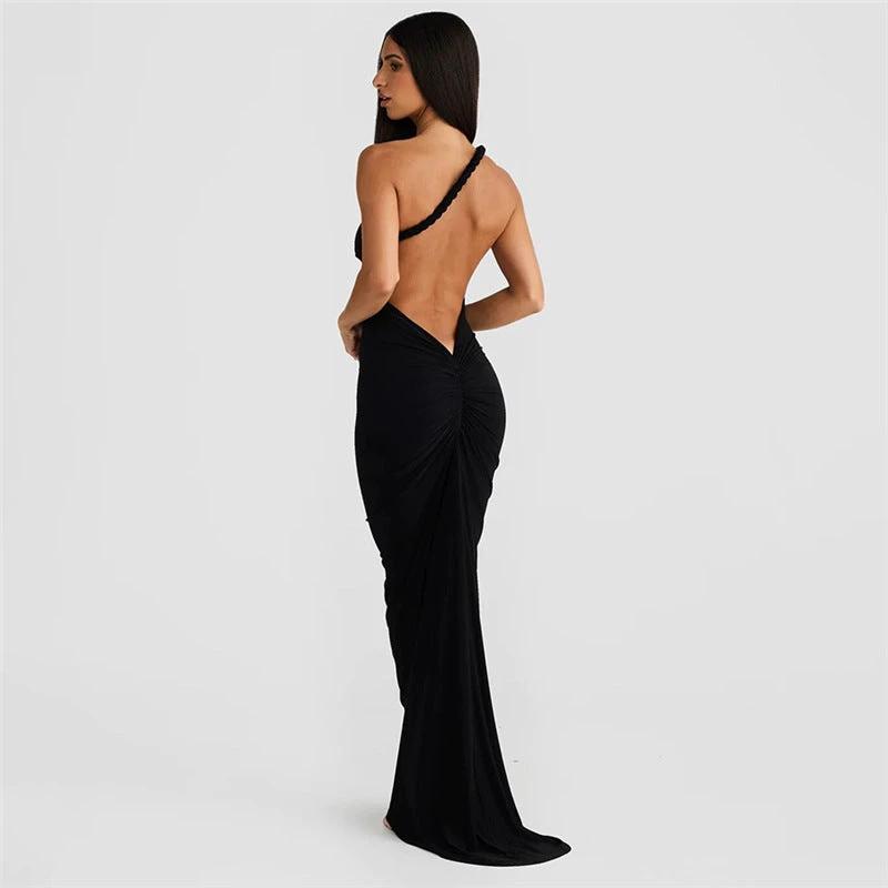 Halter Backless Pleating Sheath Dress by GJG Denim