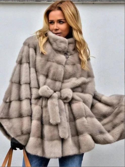 Solid Faux Fur Jacket Stand Collar Loose Belt by GJG Denim