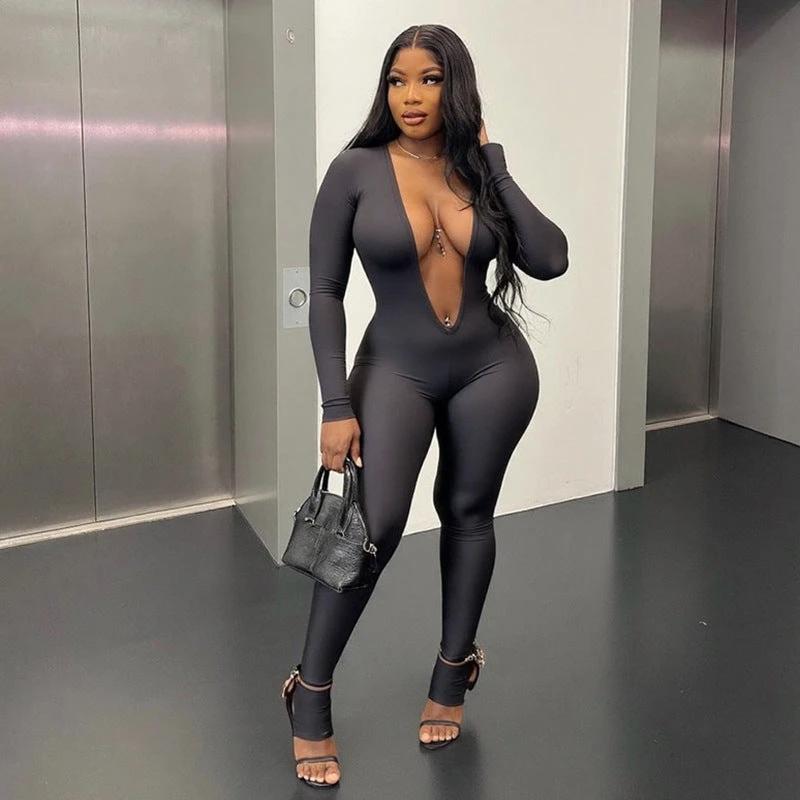 New Women's Fashion Sexy Backless Deep V Long Sleeve Solid Color Tight Jumpsuit by GJG Denim