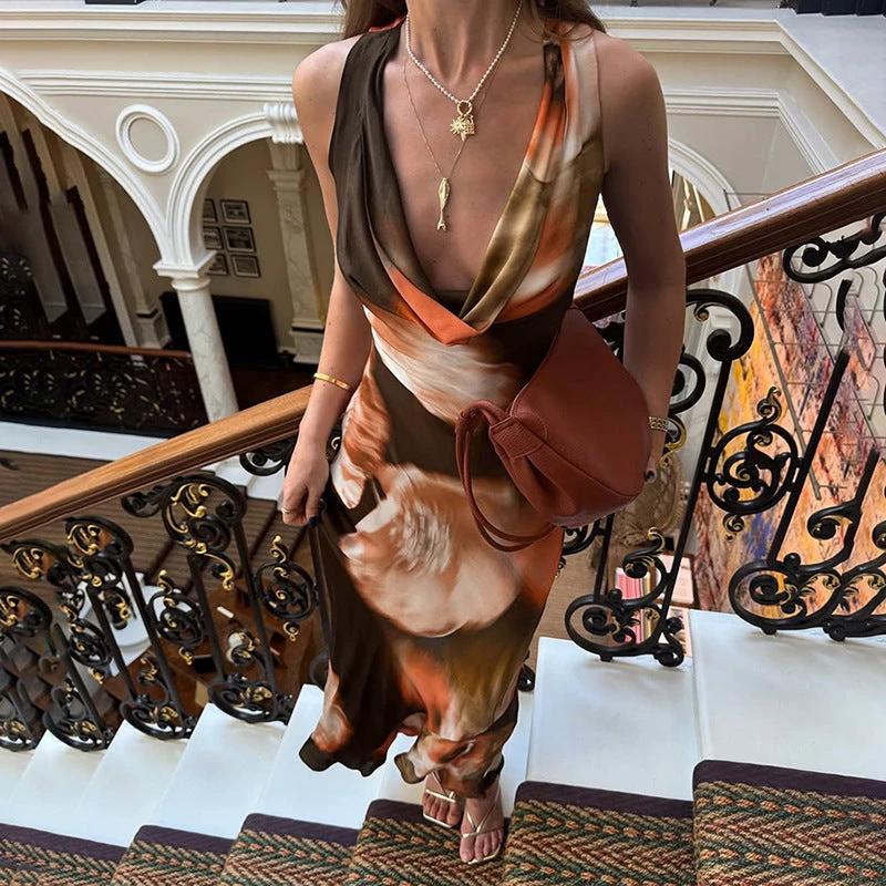 Retro Swing Collar Printing Color Contrast High Waist Long Dress by GJG Denim