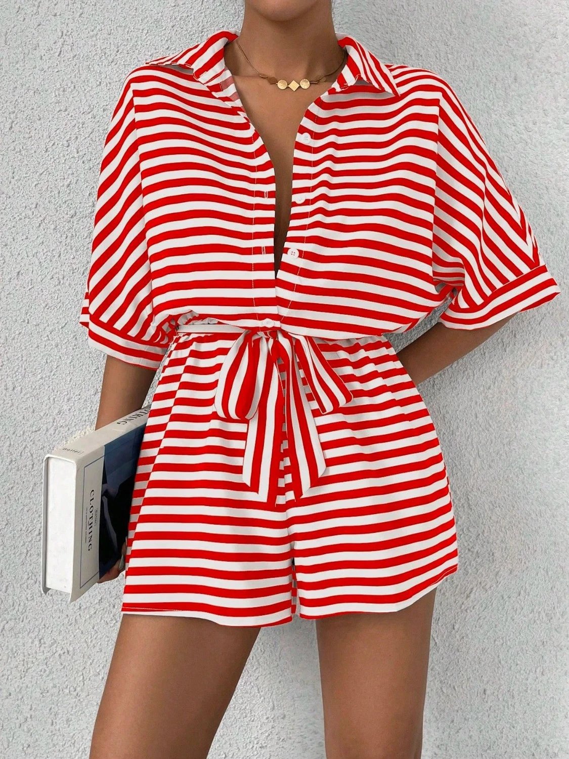 Tie Waist Half Button Striped Romper by VYSN