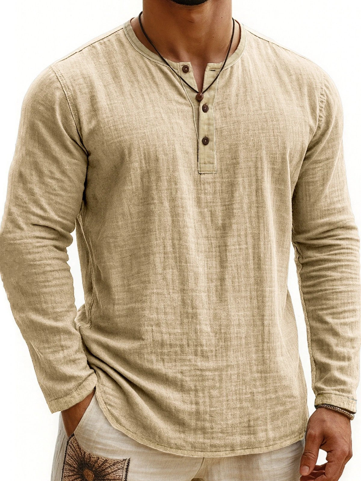 Men's Two-tone Henley Shirt 3-button Casual Long Sleeve Shirt by GJG Denim