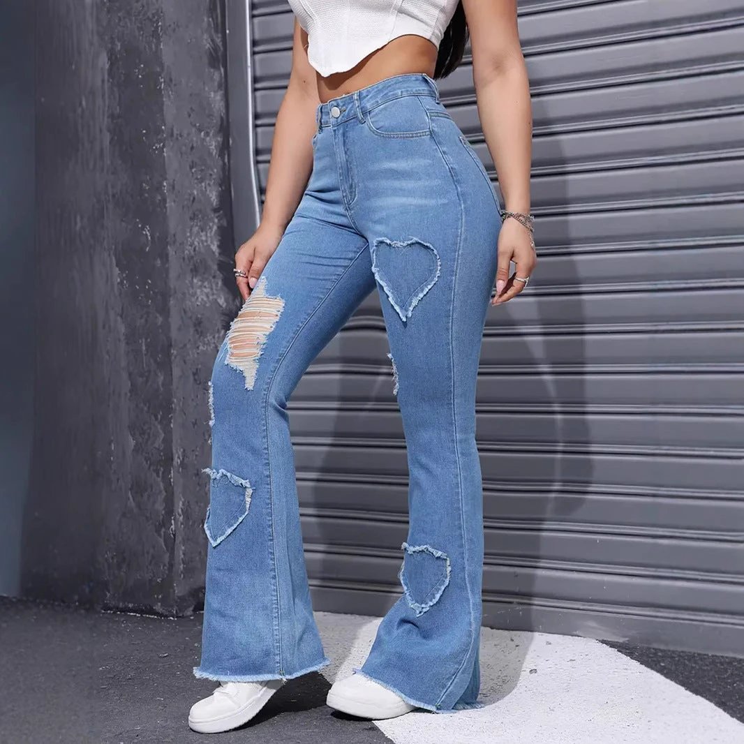 Washed Casual Heart-shaped Ripped Stretch Flared Jeans by GJG Denim