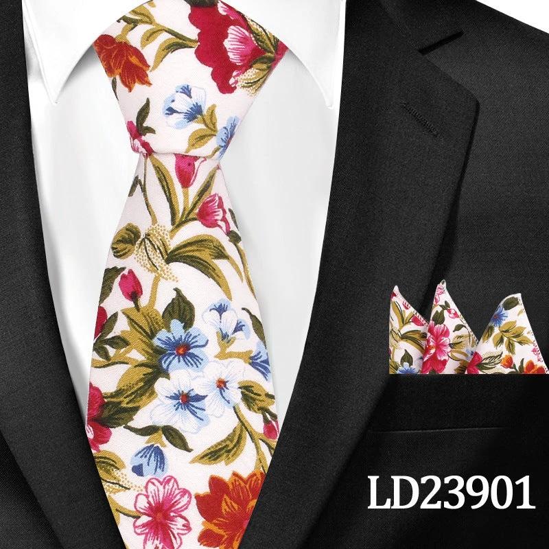 Men's Casual Cotton Floral Print 6cm Tie and Pocket Square by GJG Denim