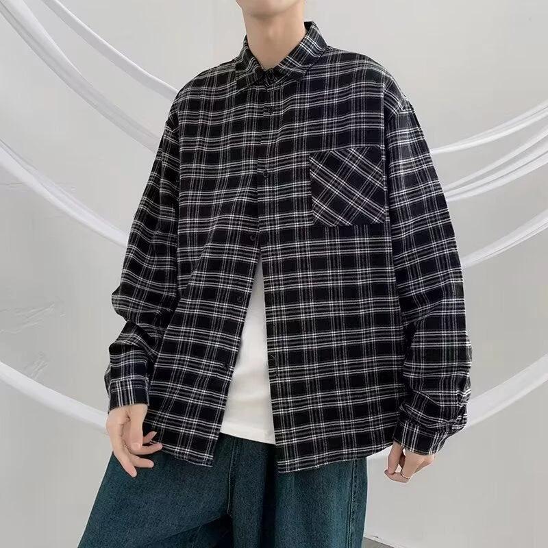 Men's Loose And Casual Black Plaid Long Sleeve Shirt by GJG Denim
