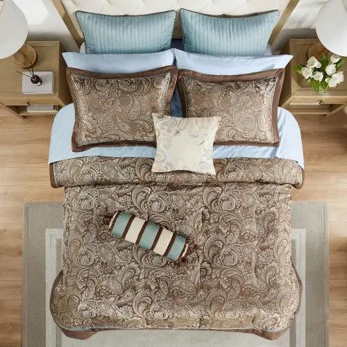 12 Piece Comforter Set With Cotton Bed Sheets Blue Brown Full by GJG Denim