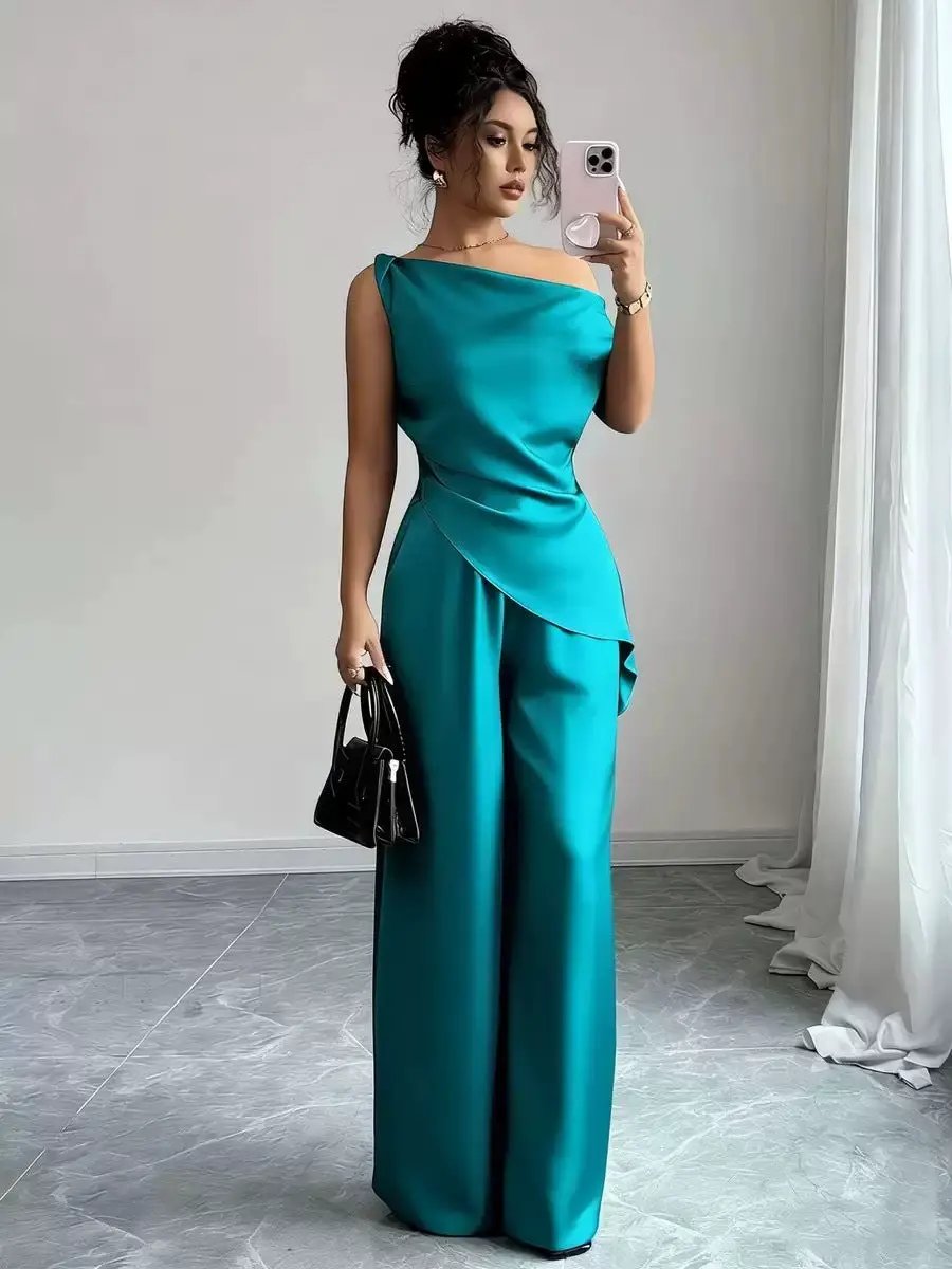 Solid-color Wide-leg Pants Suit For Women by GJG Denim