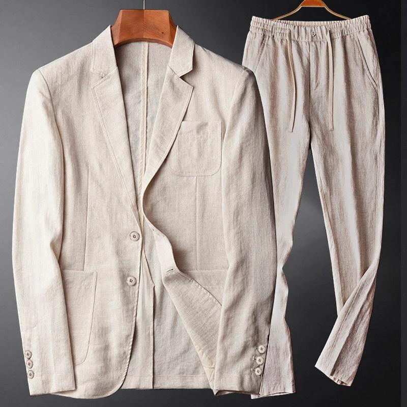 Men's Two-piece Retro Solid Color High-end Simple Casual Suit by GJG Denim