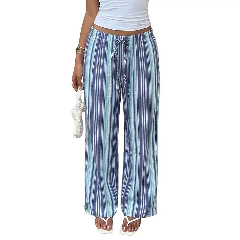 Draped Blue And White Striped Wide-leg Pants With An Elastic Waistband by GJG Denim