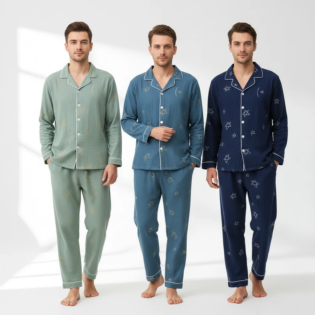 Men's Cotton Crepe Double-layer Gauze Pajamas by GJG Denim