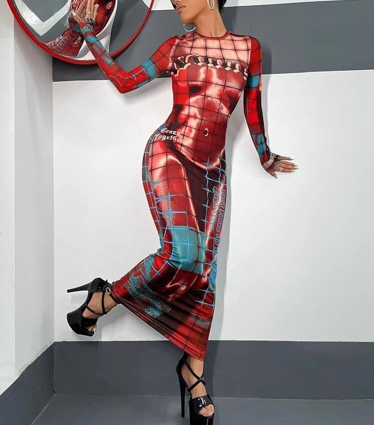 Fashion Women's Printed Wear Long Sleeve Narrow Dress by GJG Denim