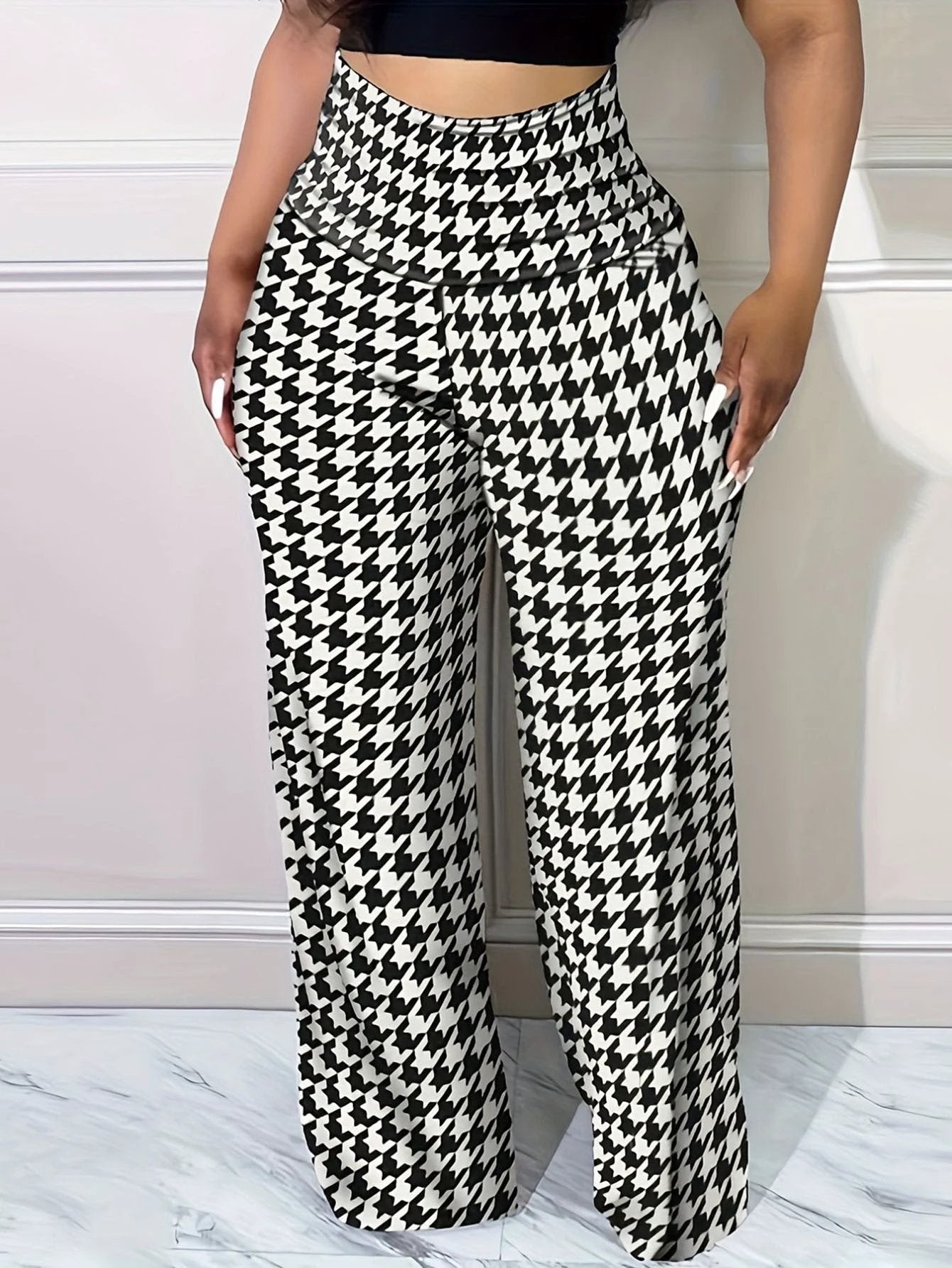 Plus Size Bird Check Comfortable Loose Women's Straight Leg Pants by GJG Denim