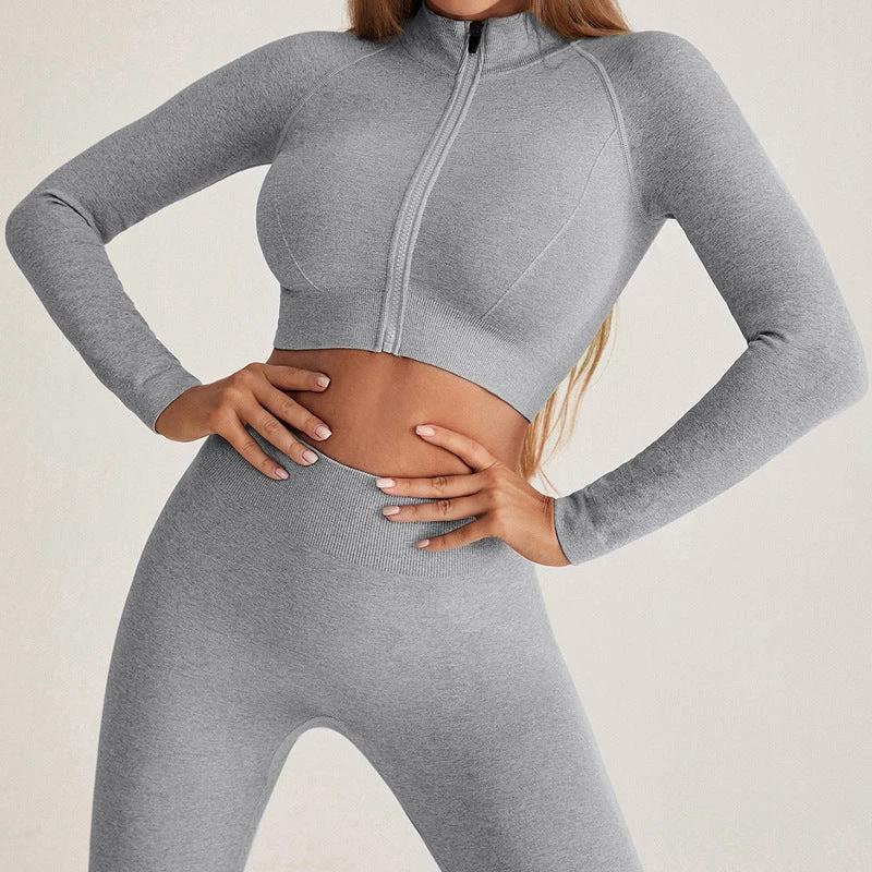 Seamless Yoga Clothes Zipper Tight Long Sleeve High Top Sports Workout Clothes Suit by GJG Denim