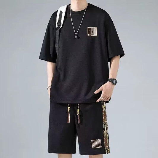Waffle Embroidery Summer Loose All-match Short Sleeve Two-piece Set by GJG Denim