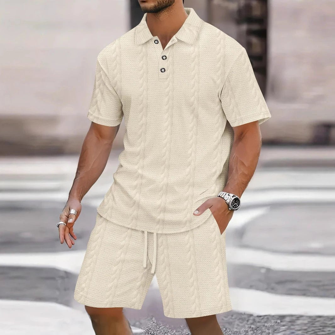 Men's Lapel-collar Short-sleeve Top With Shorts Set by GJG Denim