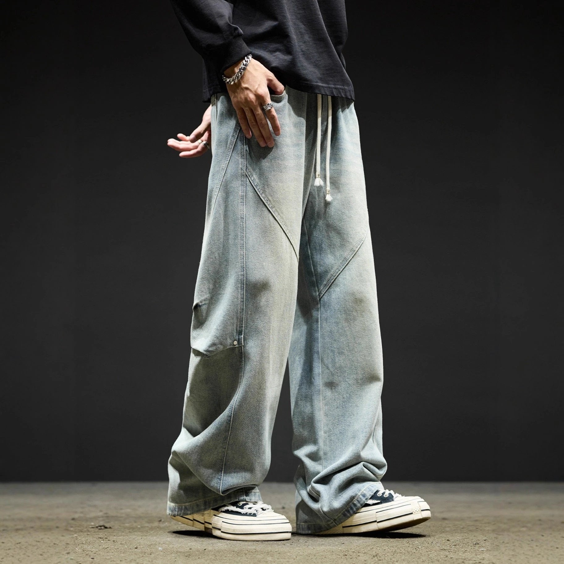 Retro Washed Casual Loose Wide-Leg Cargo Pants For Men by GJG Denim