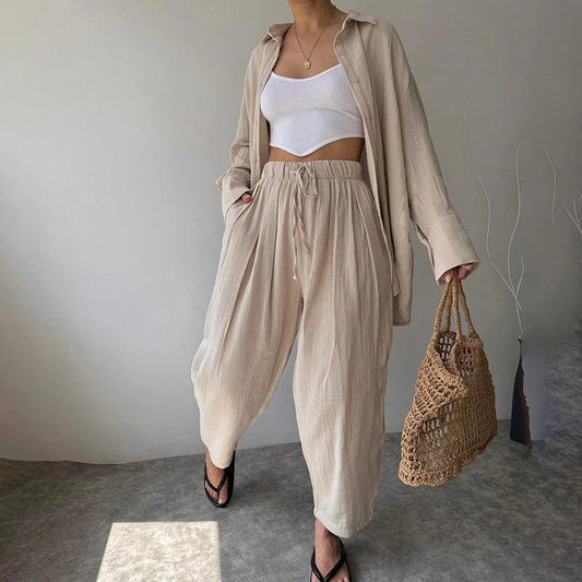 Women's Solid Color Lapel Collar Long Sleeve Shirt & High-Waist Pants Set - Casual Loose Fit Spring&Summer Outfit by GJG Denim