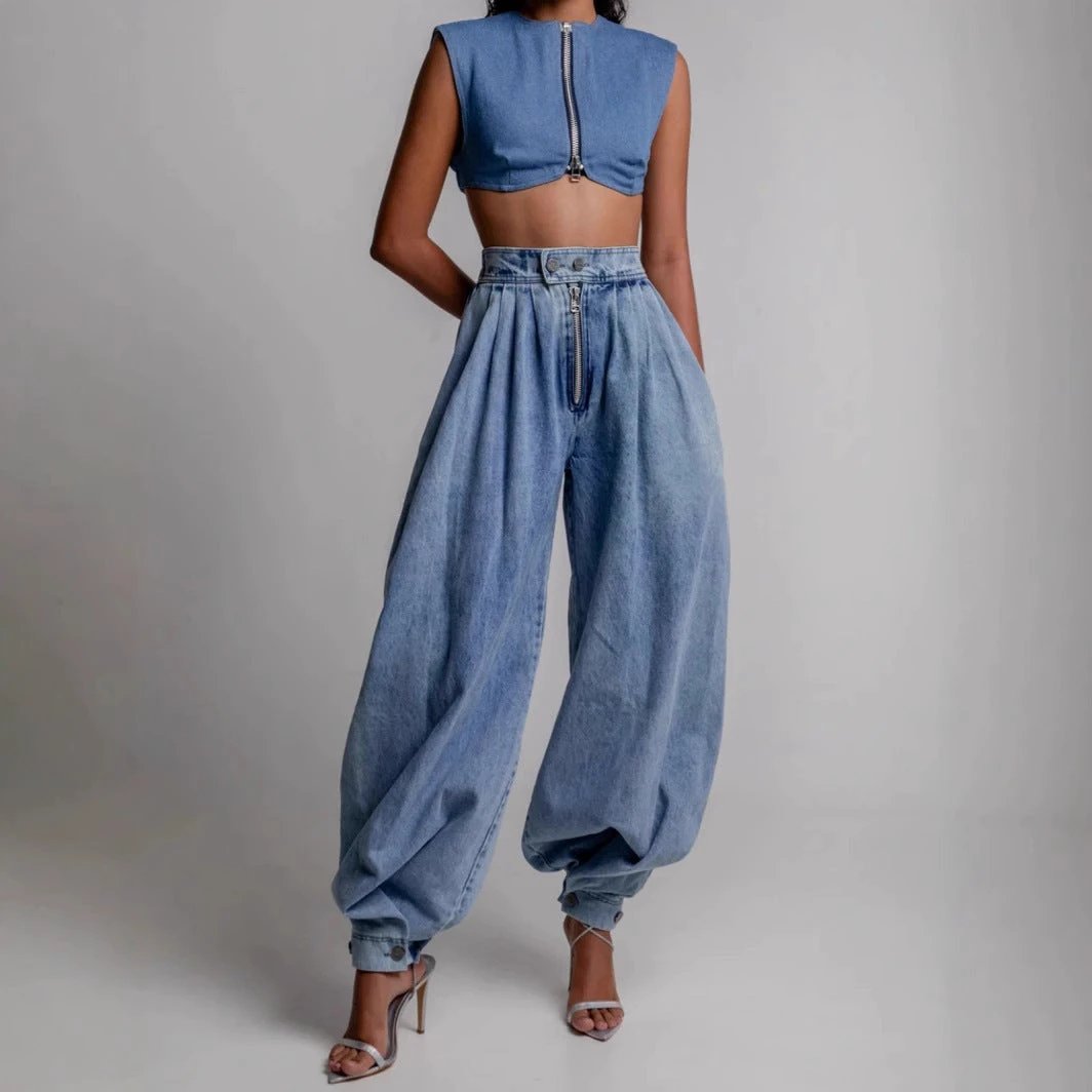 High Waist Zipper Denim Loose Harem Pants by GJG Denim