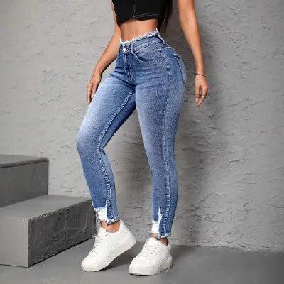 European And American Street Fashion Women's Ripped And Frayed Tight Skinny Jeans by GJG Denim