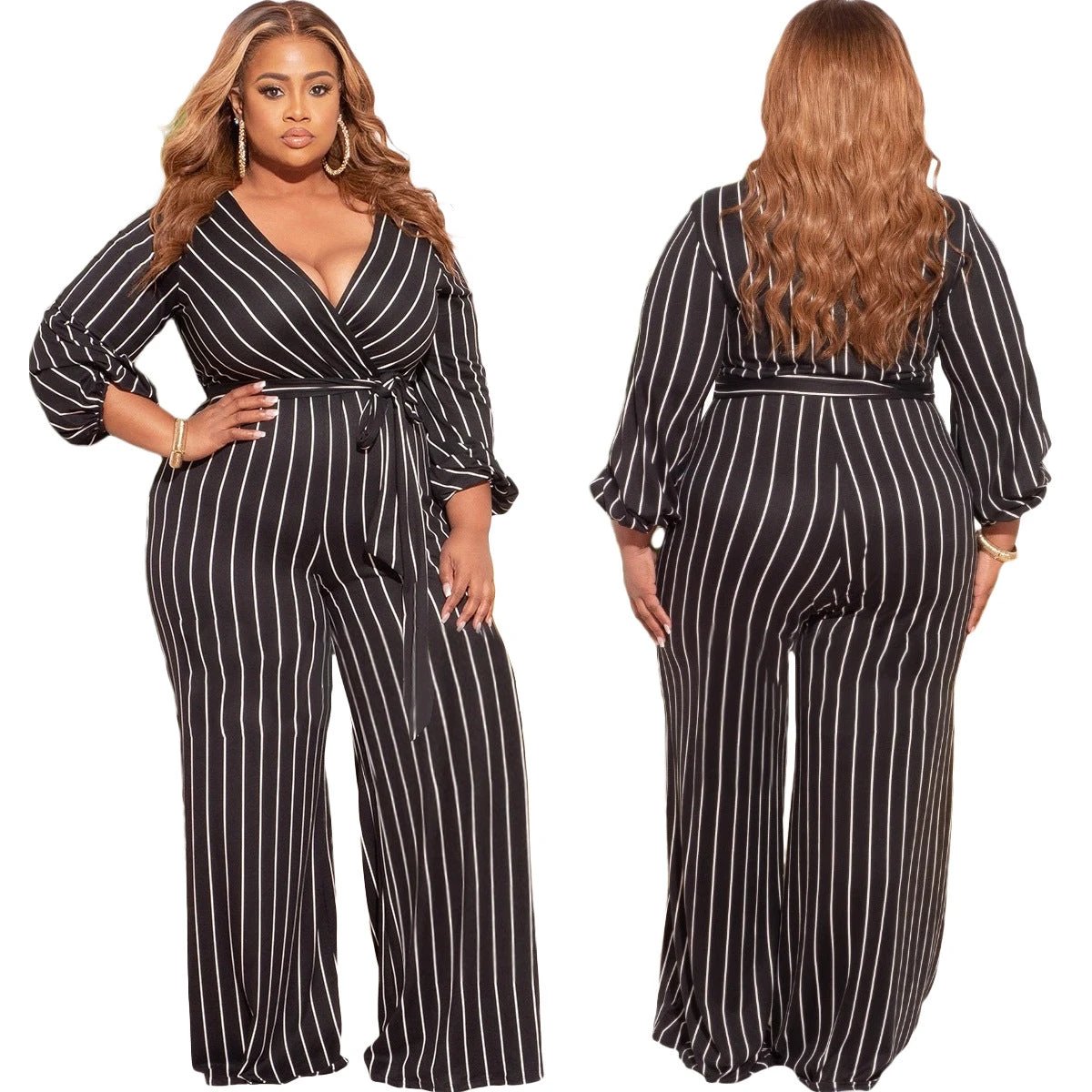 Women's Placement Print Striped Plus Size V-Neck Jumpsuit by GJG Denim