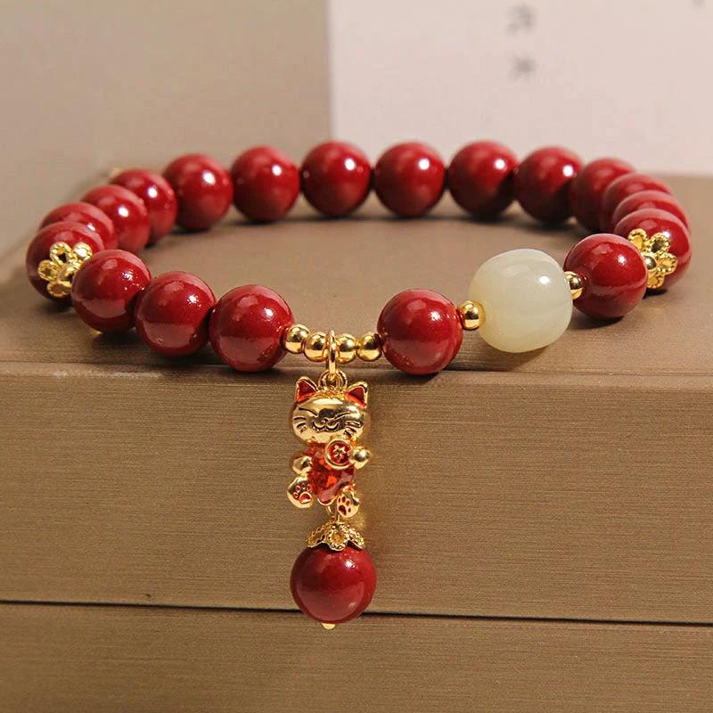 Cinnabar Beaded Lucky Cat Pendant Bracelet by GJG Denim