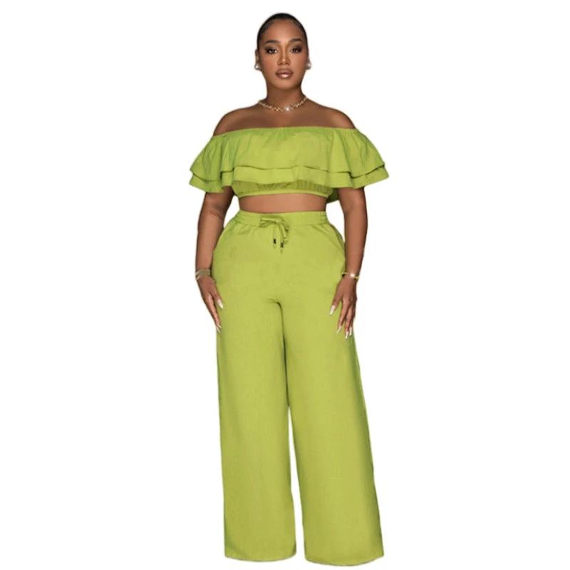 Off-shoulder Ruffled Short Top And Wide-leg Long Pants Set by GJG Denim
