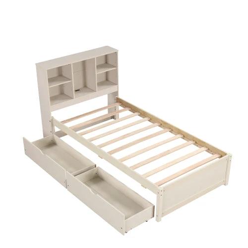 Modern Twin Size Bed Frame With Built-in USB Port On Bookcase Headboard And 2 Drawers White Washed Color by GJG Denim