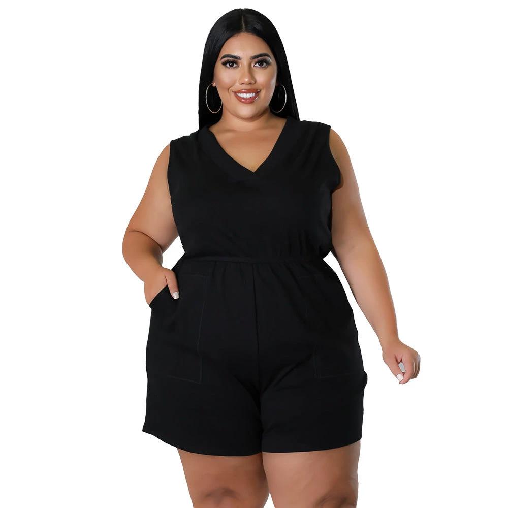 Plus Size Women's V-neck Solid Color Sleeveless Casual Waist Overalls by GJG Denim