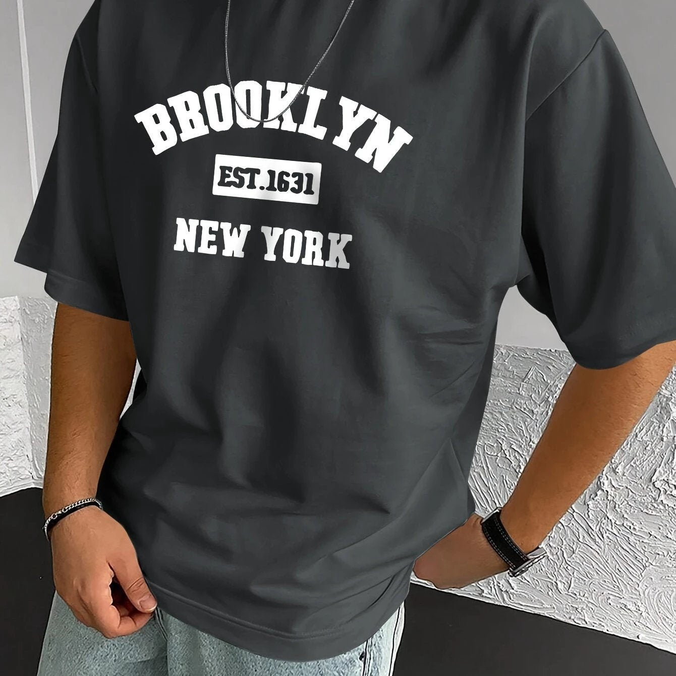 Men's Summer Spring Brooklyn Fashionable Printed T-shirt, Casual Short Sleeved Fashionable Style T-shirt, Sporty New Casual Short Sleeved Top by GJG Denim