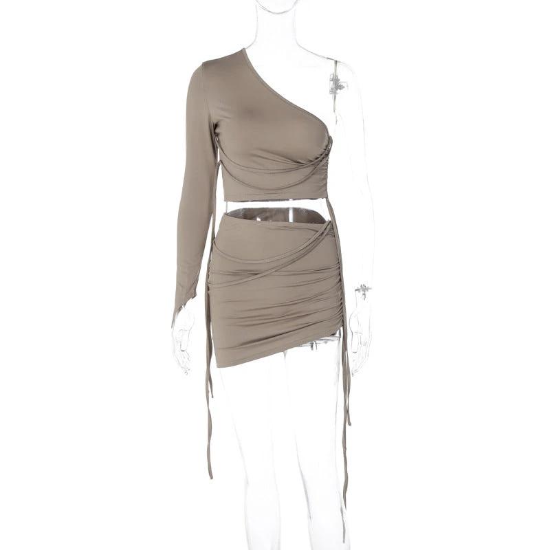 One Shoulder Midriff-baring Top Side Drawstring Skirt Set by GJG Denim